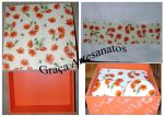 Caixa em MDF, 15x15cm, pintada e com a tampa decorada em dècoupage. Toalha e sabonetes também decorados em dècoupage.
