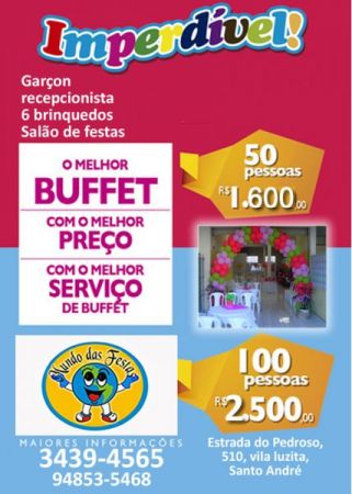 Festa com: Salo, 5 Brinquedos e buffet de salgados e lanches, solicite um oramento e o cardpio.
Whatsapp: 94853-5468